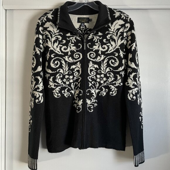 Icelandic Design Floral Cardigan Sweater Wool Full Zip Size S  Black Tan Nordic - Picture 16 of 16